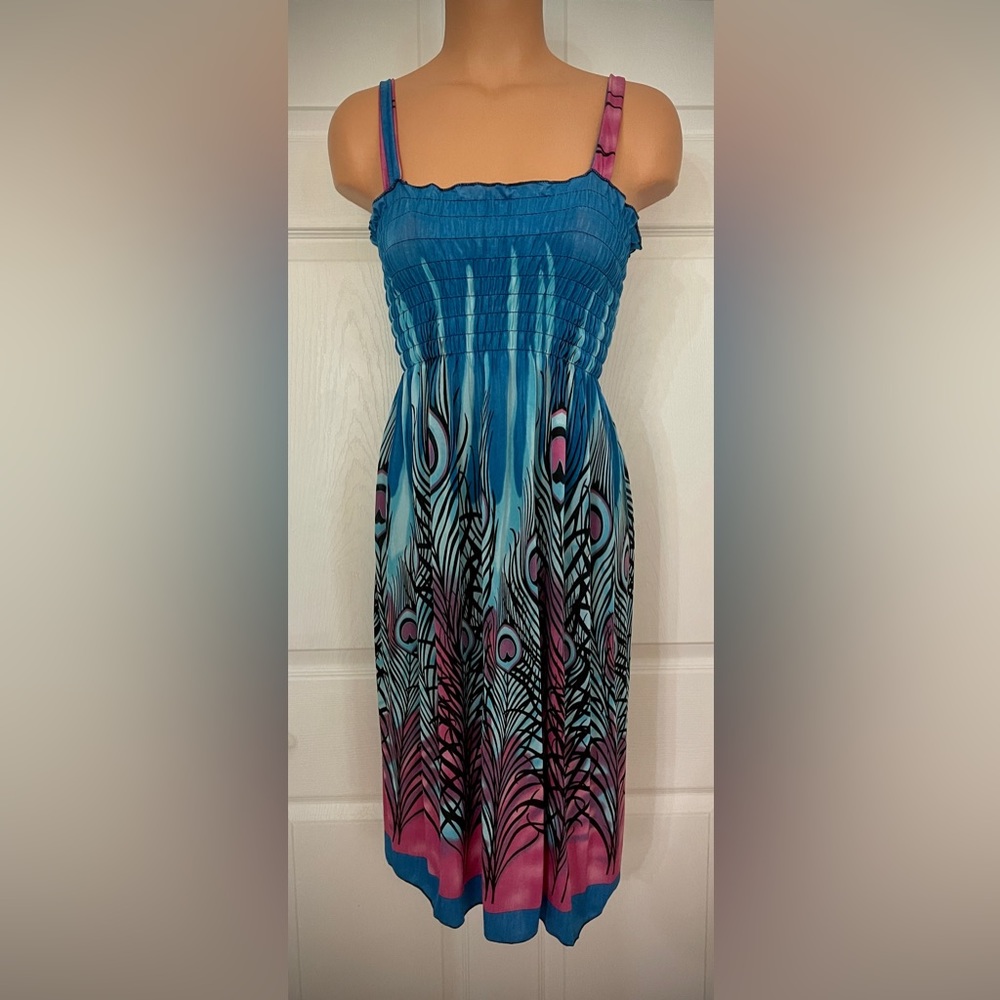 Summer Blue Pink Black Multi Color Beach Dress Cool Stretchy Fabric Sz Small